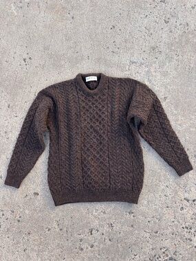 Orvis Wool Sweater Mens Brown Cable Knit Crewneck Ireland Fishermans Vtg